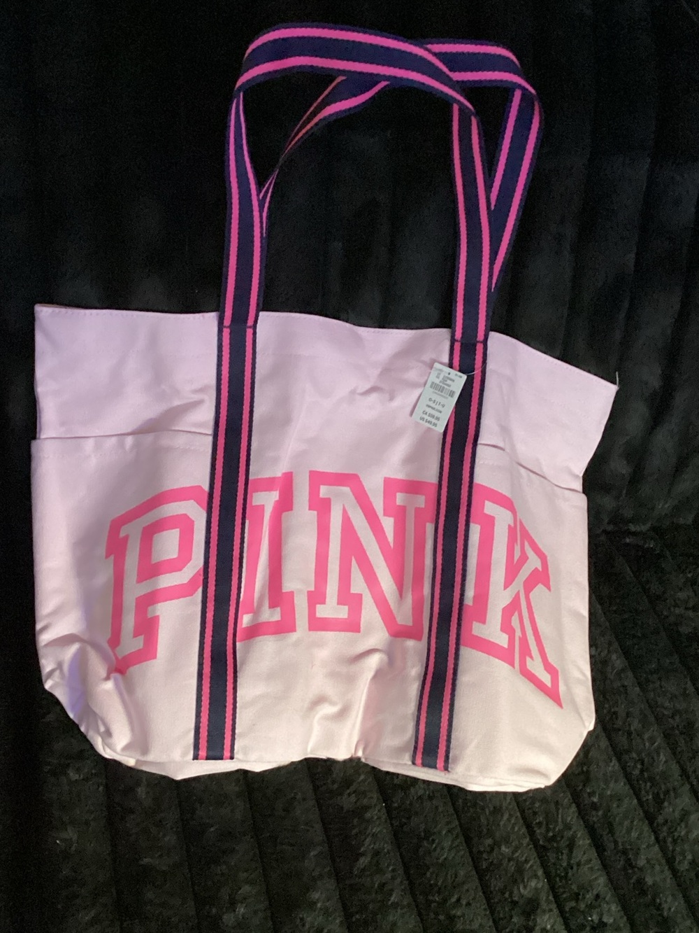 PINK Victoria's Secret Light Pink Canvas Tote with Navy and Hot Pink Straps NWT!